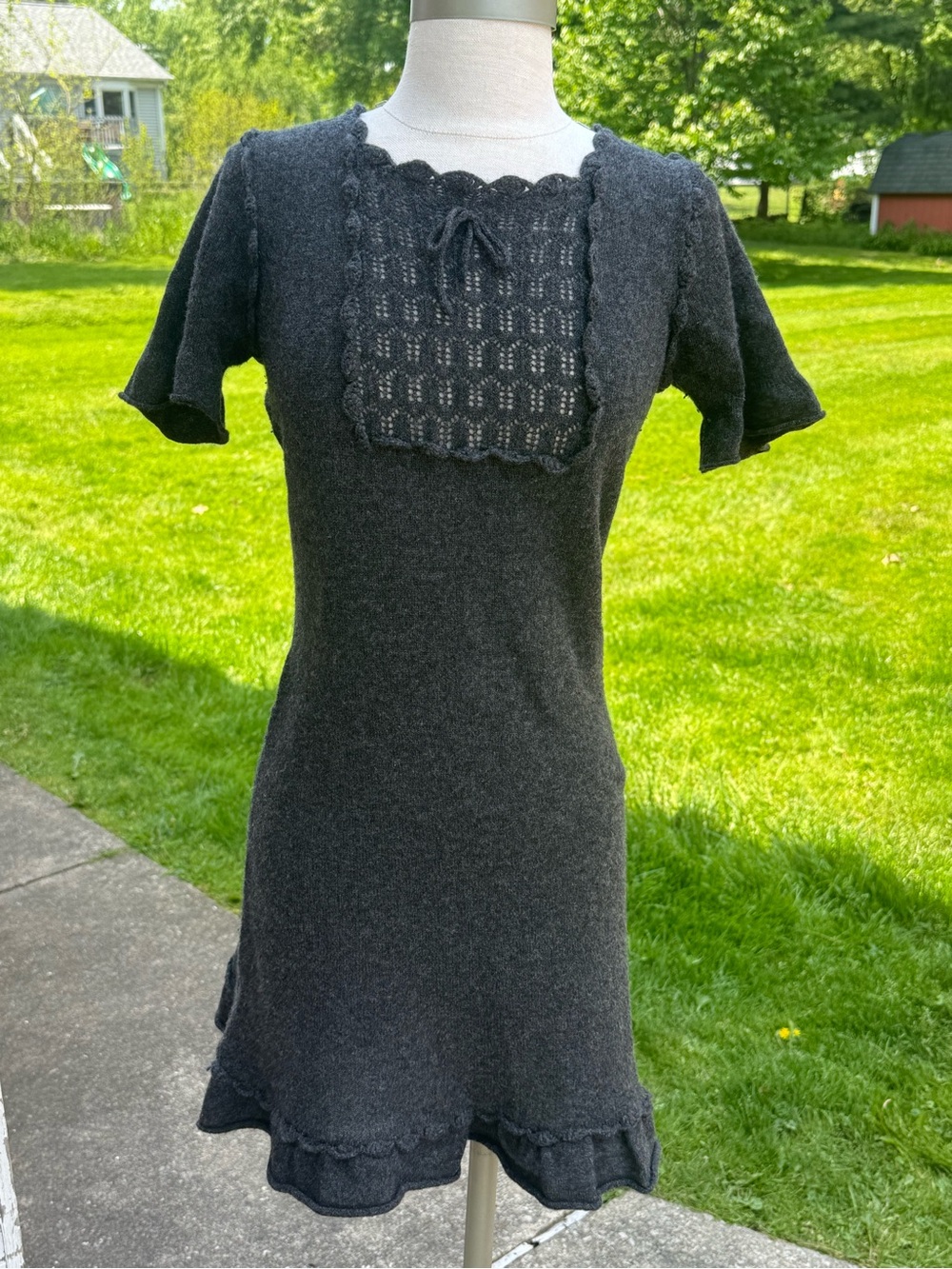 Vintage 100% Cashmere Lace Bib Ruffle Sweater Dress Small